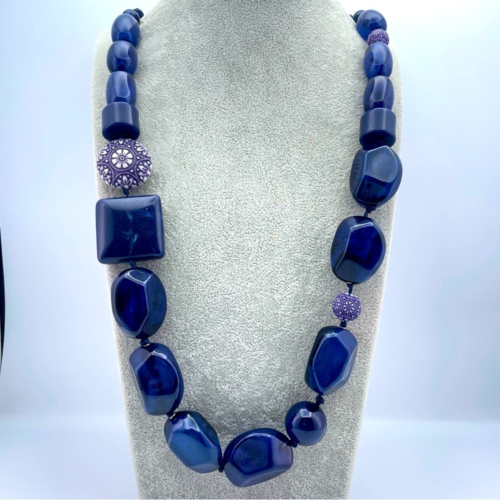 Chico’s Statement Necklace Blue Resin Beads Purple Floral Accents